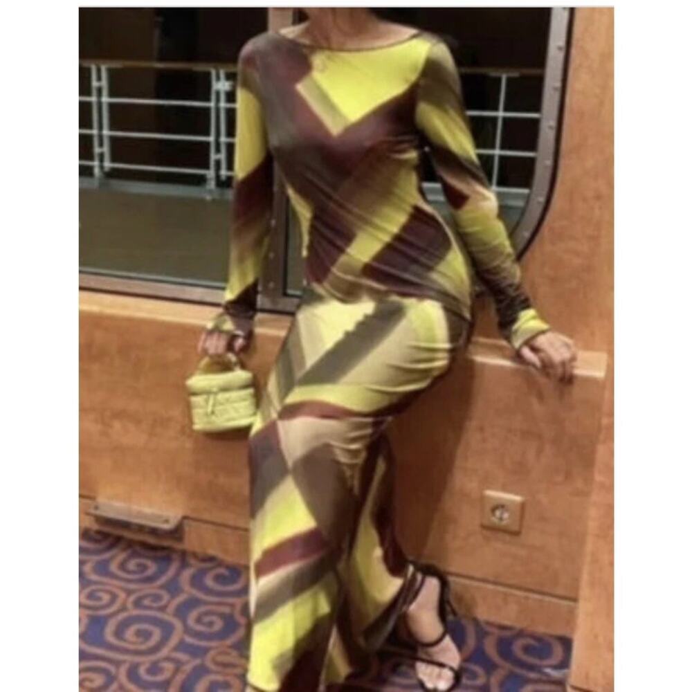 Zara Long-Sleeve Printed Backless Bodycon Maxi Dress Yellow Brown Women's Large